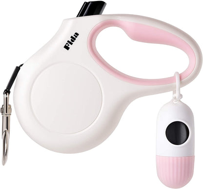 Retractable Dog Leash with Dispenser and Poop Bags, 10Ft, White & Pink | Pet Walking Leash for X-Small Dog or Cat up to 18 Lbs, Anti-Slip Handle, Tangle Free, Reflective Nylon Tape