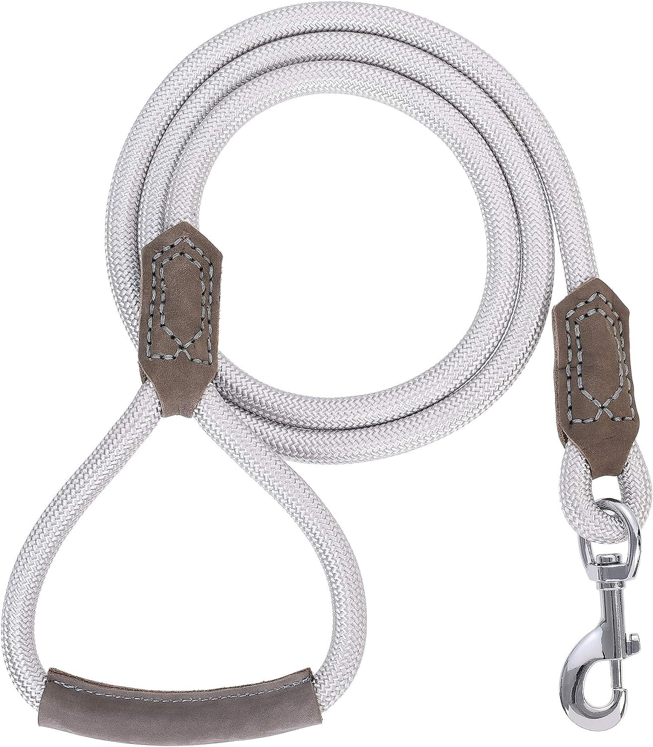 Dog Leash with Genuine Leather-Wrapped Ends/Handle, 4/5/6FT | Tangle-Free 360° Swivel Clasp Heavy Duty Rope Leash | Small Medium Large Dogs | Daily Walking (Silver,60 Inch, 1/2")