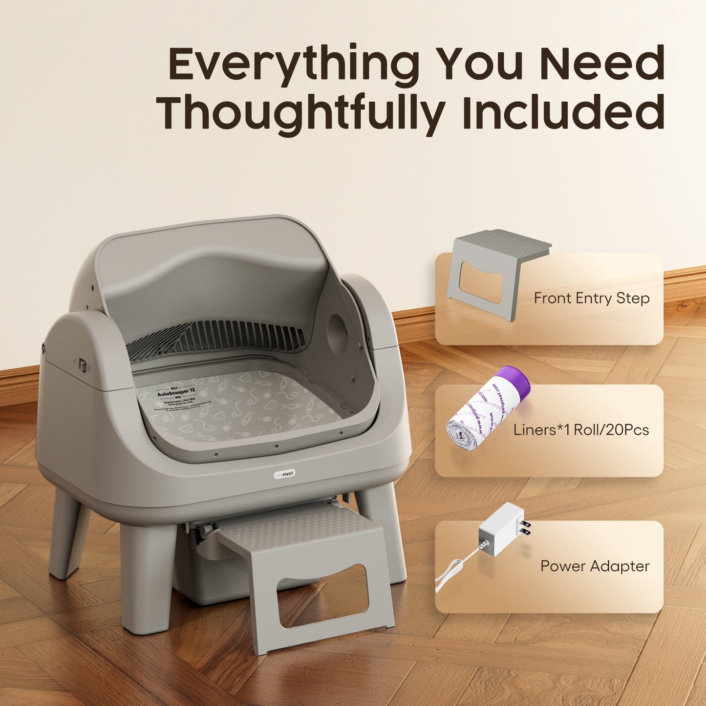 PetPivot AutoScooper 12 Automatic Cat Litter Box Self-Cleaning with Safety Protection, Liners, Front Entry Step Included, Full Grey