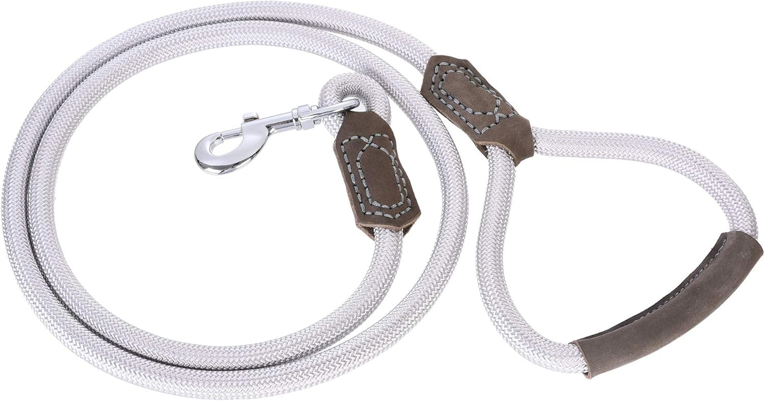 Dog Leash with Genuine Leather-Wrapped Ends/Handle, 4/5/6FT | Tangle-Free 360° Swivel Clasp Heavy Duty Rope Leash | Small Medium Large Dogs | Daily Walking (Silver,60 Inch, 1/2")