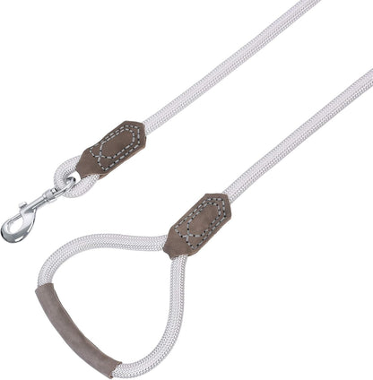 Dog Leash with Genuine Leather-Wrapped Ends/Handle, 4/5/6FT | Tangle-Free 360° Swivel Clasp Heavy Duty Rope Leash | Small Medium Large Dogs | Daily Walking (Silver,60 Inch, 1/2")