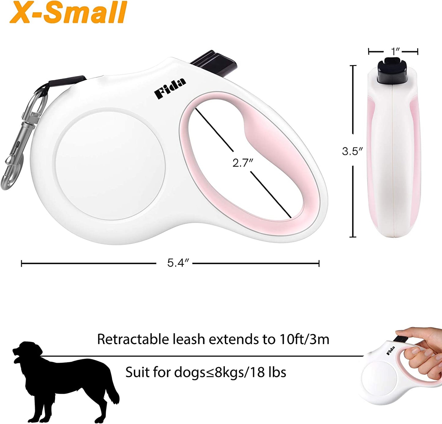 Retractable Dog Leash with Dispenser and Poop Bags, 10Ft, White & Pink | Pet Walking Leash for X-Small Dog or Cat up to 18 Lbs, Anti-Slip Handle, Tangle Free, Reflective Nylon Tape