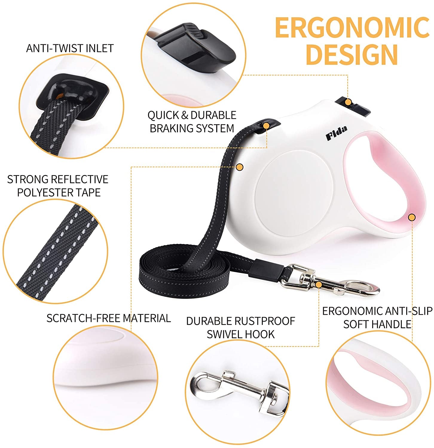 Retractable Dog Leash with Dispenser and Poop Bags, 10Ft, White & Pink | Pet Walking Leash for X-Small Dog or Cat up to 18 Lbs, Anti-Slip Handle, Tangle Free, Reflective Nylon Tape