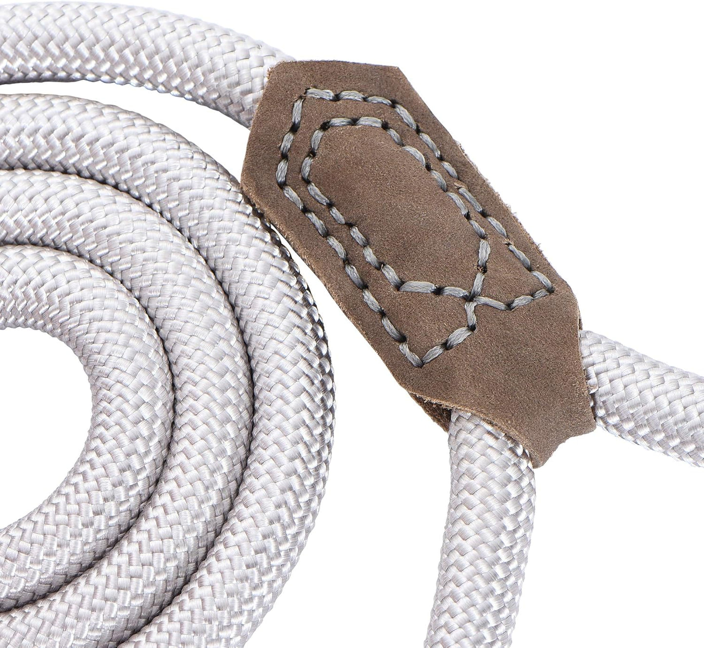 Dog Leash with Genuine Leather-Wrapped Ends/Handle, 4/5/6FT | Tangle-Free 360° Swivel Clasp Heavy Duty Rope Leash | Small Medium Large Dogs | Daily Walking (Silver,60 Inch, 1/2")