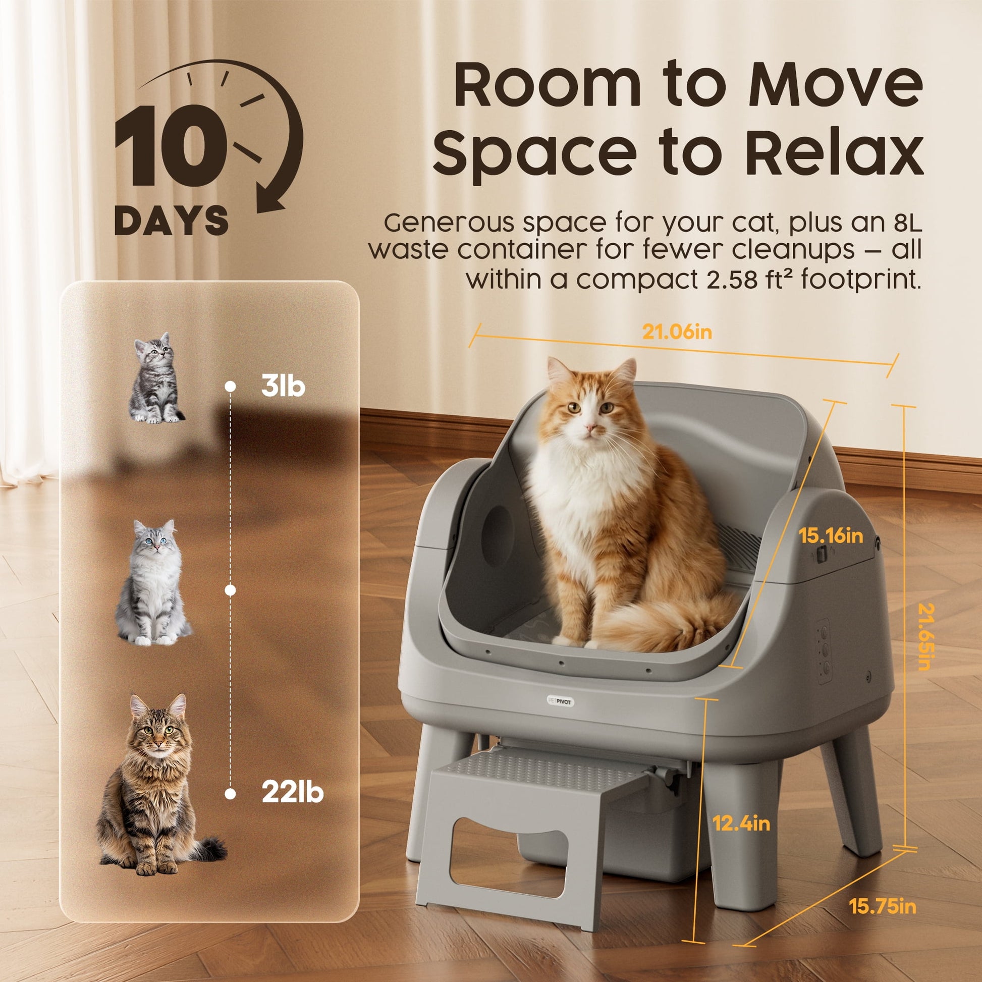 PetPivot AutoScooper 12 Automatic Cat Litter Box Self-Cleaning with Safety Protection, Liners, Front Entry Step Included, Full Grey