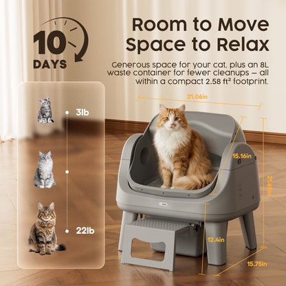 PetPivot AutoScooper 12 Automatic Cat Litter Box Self-Cleaning with Safety Protection, Liners, Front Entry Step Included, Full Grey