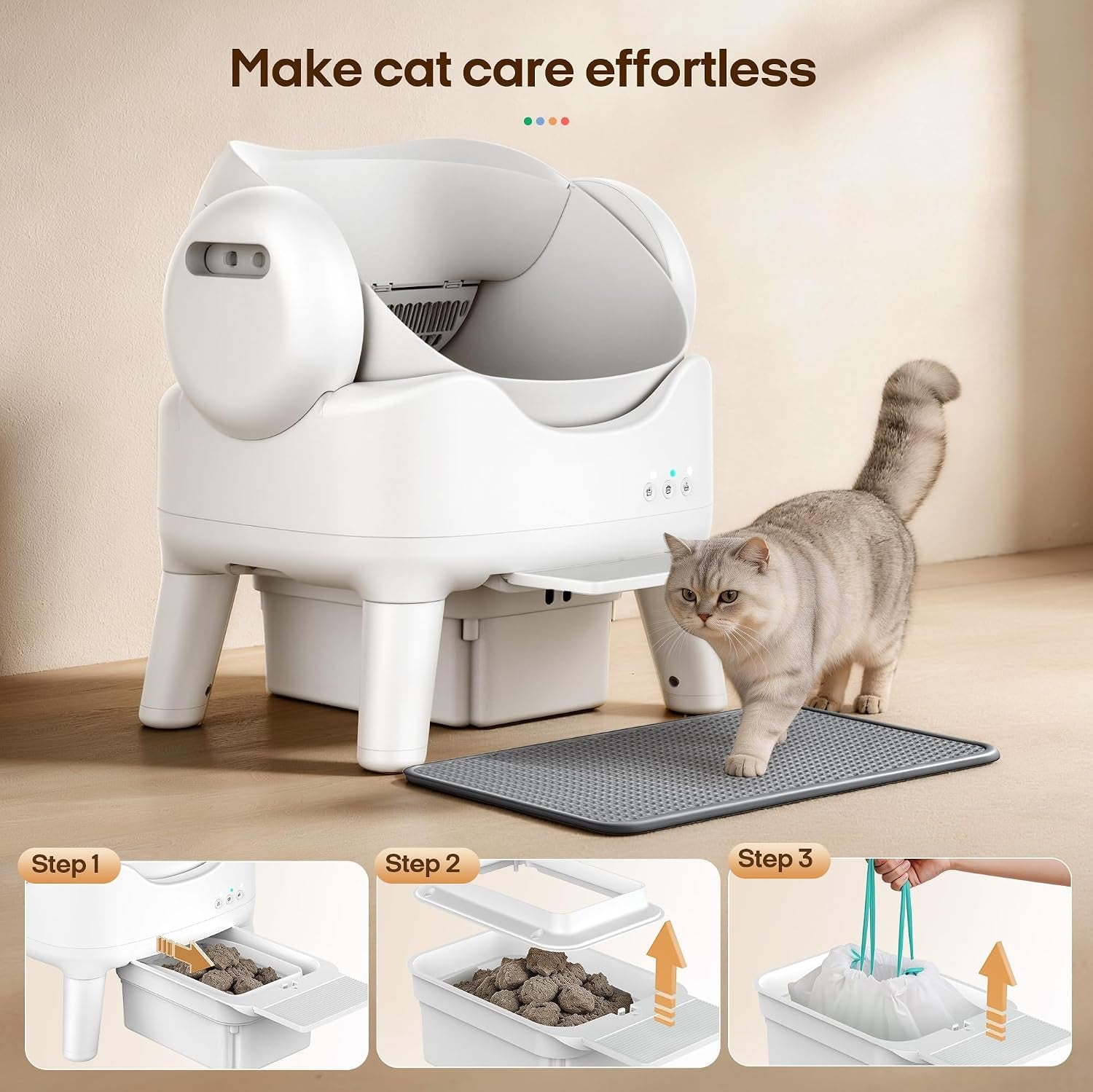 Automatic Self-Cleaning Cat Litter Box for Large Cats & Multi-Cat Homes, Smart Electric Auto Cleaning Litter Box with Litter Mat & 2 Cleaning Solutions, Ideal for Busy Homes & Apartments